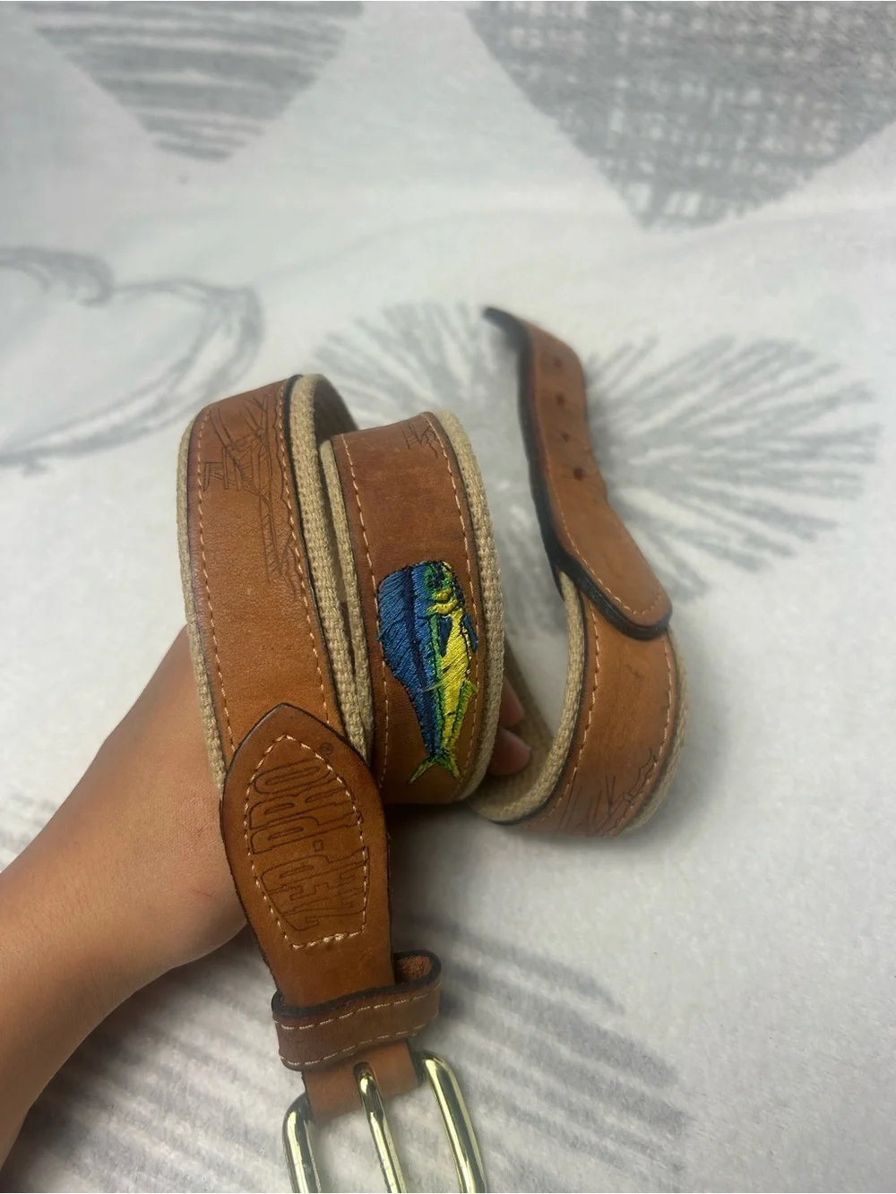 Zep Pro Leather Canvas Belt Embroidery Dolphin Fish Brown Men's 32 Fisherman USA